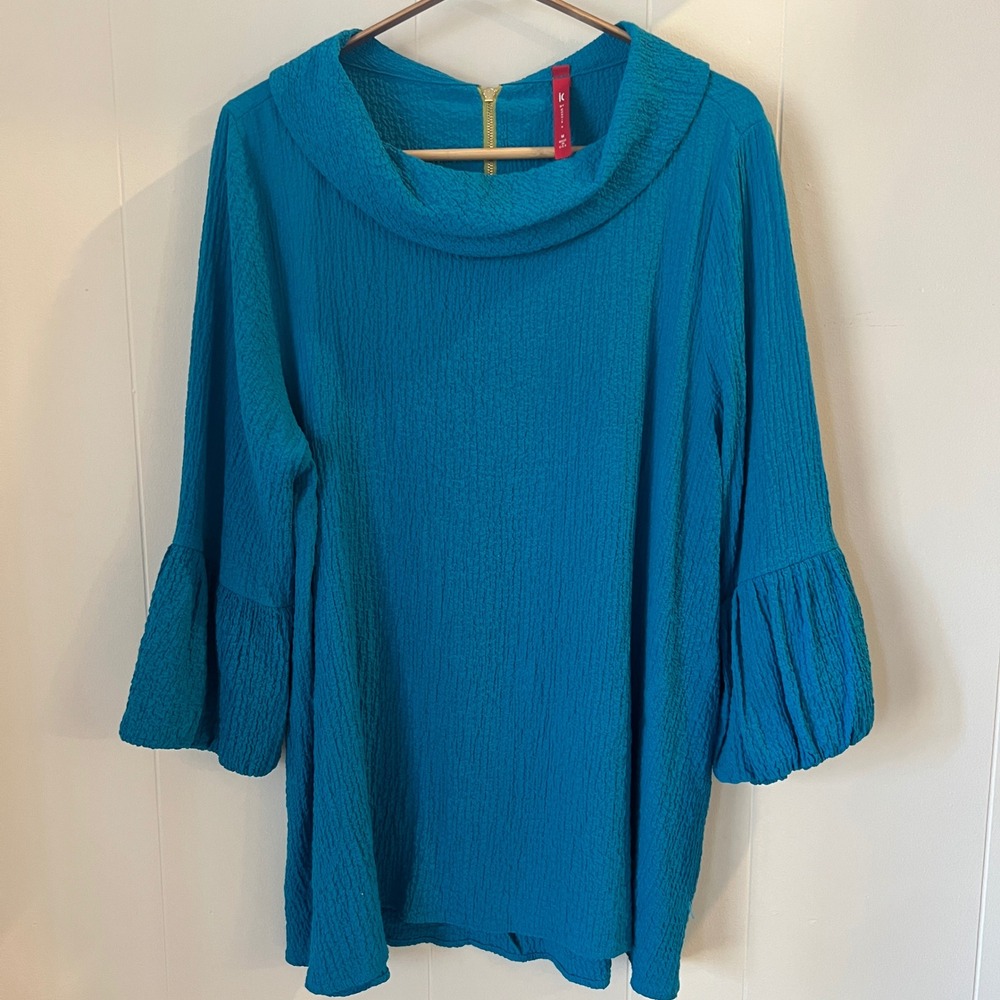 ic by Connie K Teal Textured Cowl Neck Bell Sleeve Tunic Top Blue Women's M